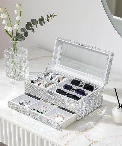 Bling Jewelry Organizer Holder Display Box Case Crystal Rhinestones Watch Box Case Sunglasses Storage Organizer Lockable with Glass Top and PU Leather in Saudi Arabia