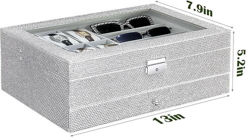 Bling Jewelry Organizer Holder Display Box Case Crystal Rhinestones Watch Box Case Sunglasses Storage Organizer Lockable with Glass Top and PU Leather in Saudi Arabia