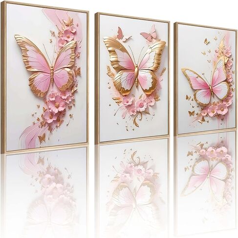 ACWOWO 2D Pink Butterfly Floral Wall Art 3-Piece Set Butterfly Poster Painting Pink Gold Floral Canvas Wall Decor for Girls' Bedrooms Bathrooms Offices Dorm Rooms 12 * 16 In （Poster in Saudi Arabia
