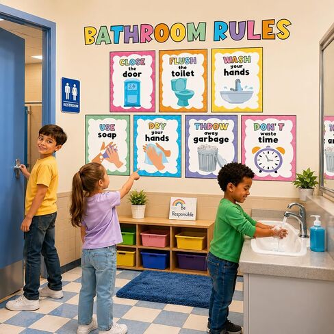 7pcs Bathroom Rules Poster Colorful Toilet Word Wall Art Signs Restroom Rules Paper Print Decor for Boys Girls Toddler Home School Kindergarten Preschool Elementary Classroom Rules Wall Decor Supplies in Saudi Arabia