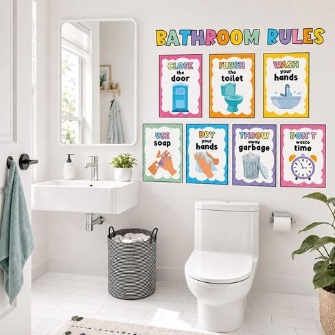 7pcs Bathroom Rules Poster Colorful Toilet Word Wall Art Signs Restroom Rules Paper Print Decor for Boys Girls Toddler Home School Kindergarten Preschool Elementary Classroom Rules Wall Decor Supplies in Saudi Arabia