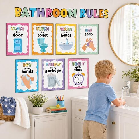 7pcs Bathroom Rules Poster Colorful Toilet Word Wall Art Signs Restroom Rules Paper Print Decor for Boys Girls Toddler Home School Kindergarten Preschool Elementary Classroom Rules Wall Decor Supplies in Saudi Arabia