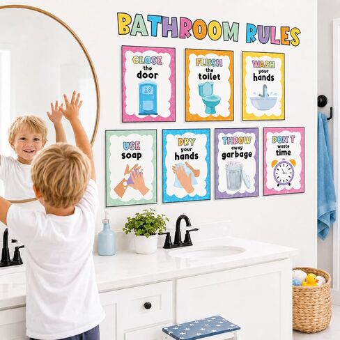 7pcs Bathroom Rules Poster Colorful Toilet Word Wall Art Signs Restroom Rules Paper Print Decor for Boys Girls Toddler Home School Kindergarten Preschool Elementary Classroom Rules Wall Decor Supplies in Saudi Arabia