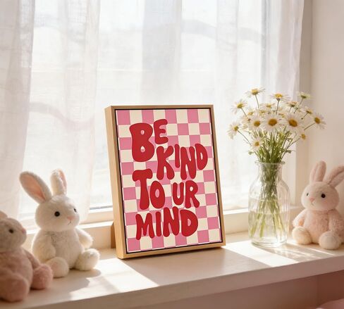 Framed“Be Kind to UR Mind"Canvas Wall Art, Pink Preppy Inspirational Painting Picture Wall Decor,Fashion Girly Poster Print Artwork,for Living Room Bedroom Girl Room Home Decoration in Saudi Arabia