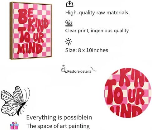 Framed“Be Kind to UR Mind"Canvas Wall Art, Pink Preppy Inspirational Painting Picture Wall Decor,Fashion Girly Poster Print Artwork,for Living Room Bedroom Girl Room Home Decoration in Saudi Arabia