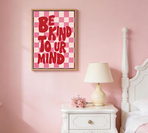Framed“Be Kind to UR Mind"Canvas Wall Art, Pink Preppy Inspirational Painting Picture Wall Decor,Fashion Girly Poster Print Artwork,for Living Room Bedroom Girl Room Home Decoration in Saudi Arabia