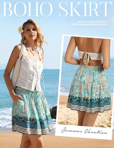 Kate Kasin Women's Boho Mini Skort with Pockets, Summer Floral Skirts with Shorts, Beach Vacation Concert Outfits 2026 Trendy in Kuwait