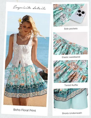 Kate Kasin Women's Boho Mini Skort with Pockets, Summer Floral Skirts with Shorts, Beach Vacation Concert Outfits 2026 Trendy in Kuwait
