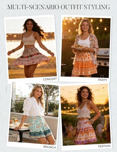 Kate Kasin Women's Boho Mini Skort with Pockets, Summer Floral Skirts with Shorts, Beach Vacation Concert Outfits 2026 Trendy in Kuwait