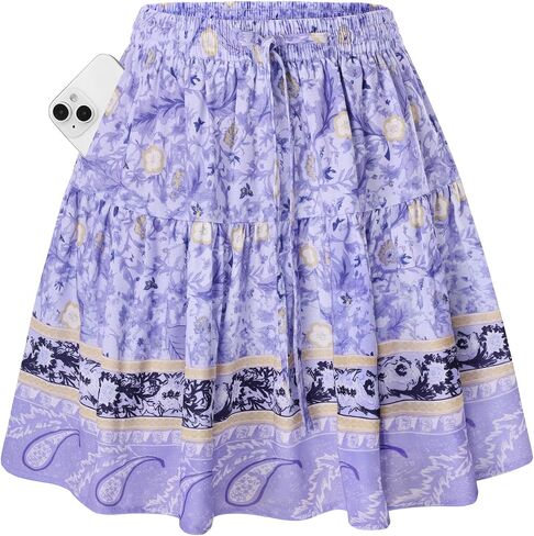 Kate Kasin Women's Boho Mini Skort with Pockets, Summer Floral Skirts with Shorts, Beach Vacation Concert Outfits 2026 Trendy in Kuwait