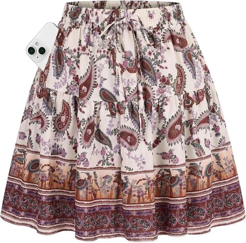 Kate Kasin Women's Boho Mini Skort with Pockets, Summer Floral Skirts with Shorts, Beach Vacation Concert Outfits 2026 Trendy in Kuwait