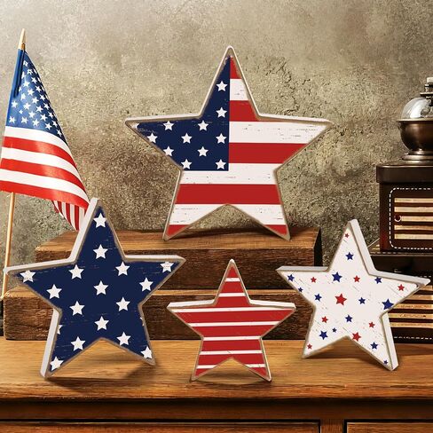 4th of July Decorations Wooden Stars 4 Pcs Memorial Day Patriotic Decorations Red White and Blue Table Shelf Independence Day Fourth of July Accessories Americana Decor for Home Office Labor Day in Saudi Arabia
