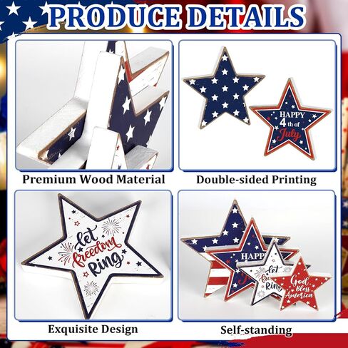 4th of July Decorations Wooden Stars 4 Pcs Memorial Day Patriotic Decorations Red White and Blue Table Shelf Independence Day Fourth of July Accessories Americana Decor for Home Office Labor Day in Saudi Arabia