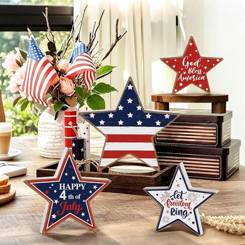 4th of July Decorations Wooden Stars 4 Pcs Memorial Day Patriotic Decorations Red White and Blue Table Shelf Independence Day Fourth of July Accessories Americana Decor for Home Office Labor Day in Saudi Arabia