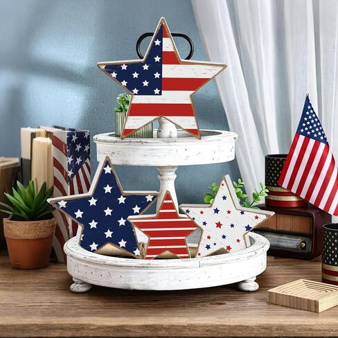 4th of July Decorations Wooden Stars 4 Pcs Memorial Day Patriotic Decorations Red White and Blue Table Shelf Independence Day Fourth of July Accessories Americana Decor for Home Office Labor Day in Saudi Arabia