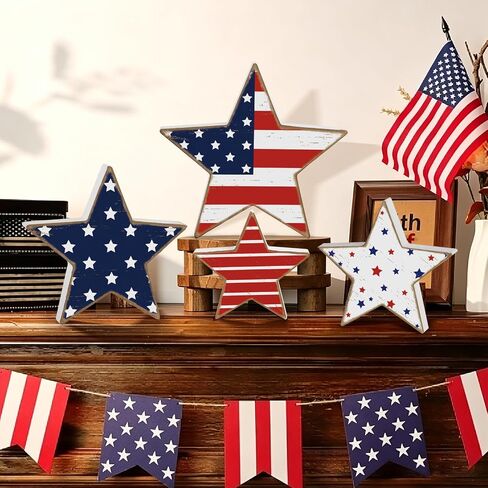 4th of July Decorations Wooden Stars 4 Pcs Memorial Day Patriotic Decorations Red White and Blue Table Shelf Independence Day Fourth of July Accessories Americana Decor for Home Office Labor Day in Saudi Arabia
