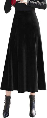 ebossy Women's High Waist Pleated Velvet Skirt Casual Slim Flowy Swing A-line Midi Skirts with Pockets in Kuwait