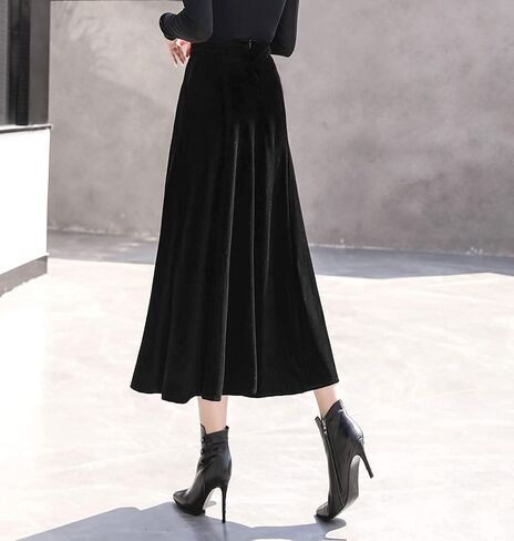 ebossy Women's High Waist Pleated Velvet Skirt Casual Slim Flowy Swing A-line Midi Skirts with Pockets in Kuwait