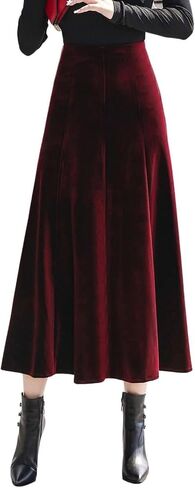 ebossy Women's High Waist Pleated Velvet Skirt Casual Slim Flowy Swing A-line Midi Skirts with Pockets in Kuwait