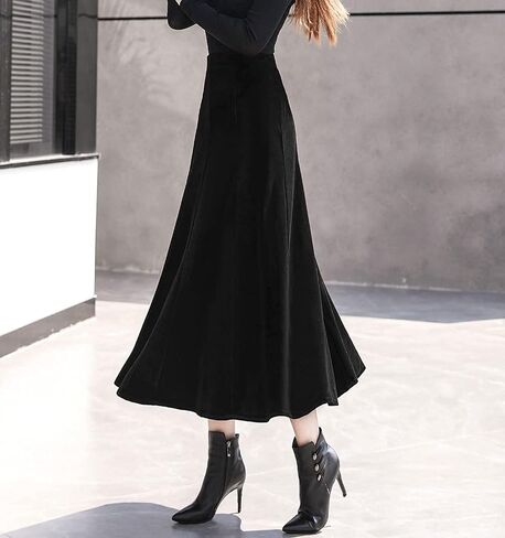 ebossy Women's High Waist Pleated Velvet Skirt Casual Slim Flowy Swing A-line Midi Skirts with Pockets in Kuwait