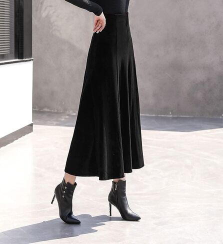 ebossy Women's High Waist Pleated Velvet Skirt Casual Slim Flowy Swing A-line Midi Skirts with Pockets in Kuwait