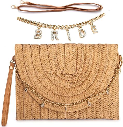 Bride Gift Straw Clutch Purse, BRIDE Letter Removable Chain Mrs Bag Bachelorette Honeymoon Wedding Bridal Bride To Be Shower Gifts in Saudi Arabia