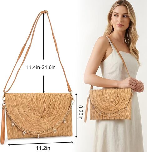 Bride Gift Straw Clutch Purse, BRIDE Letter Removable Chain Mrs Bag Bachelorette Honeymoon Wedding Bridal Bride To Be Shower Gifts in Saudi Arabia