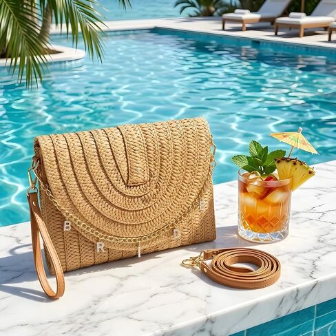 Bride Gift Straw Clutch Purse, BRIDE Letter Removable Chain Mrs Bag Bachelorette Honeymoon Wedding Bridal Bride To Be Shower Gifts in Saudi Arabia
