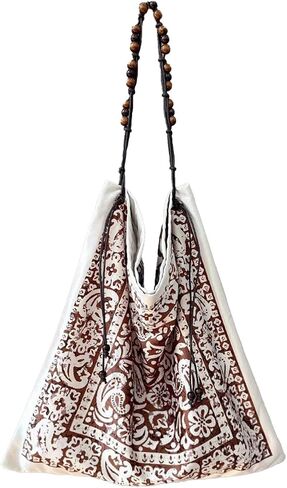 Bandana Bag Paisley Slouchy Tote with Wooden Beaded Strap Retro Vintage Large Hobo Shoulder Bag Boho Purse in Saudi Arabia