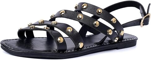 Studded Sandals for Women Strappy Gladiator Studded Shoes Back Strap Open Toe Roman Summer Casual Stud Rivet Embellished Flat Sandals in Kuwait