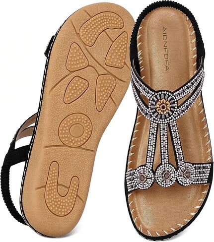Womens Sandals Dressy Flat: Comfortable Summer Bohemian Rhinestone Beaded Summer Shoes with Elastic Ankle Strap for Walking Travel Casual in Saudi Arabia