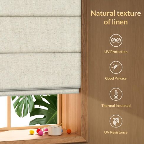 Boolegon Top Down Bottom Up Roman Shades, Cordless Blackout Roman Blinds for Custom, Room Darkening Fabric Linen Thermal Insulation Roman Shades for Windows, Blackout, Beige, 26" W x 48" H in Saudi Arabia