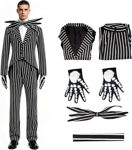 Jack Skeleton Costume for Adult Men Striped Jack Skeleton Suit with Skull Gloves Halloween Christmas Cosplay Outfits in Kuwait