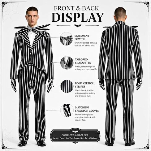 Jack Skeleton Costume for Adult Men Striped Jack Skeleton Suit with Skull Gloves Halloween Christmas Cosplay Outfits in Kuwait
