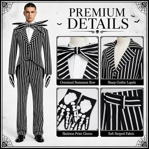 Jack Skeleton Costume for Adult Men Striped Jack Skeleton Suit with Skull Gloves Halloween Christmas Cosplay Outfits in Kuwait