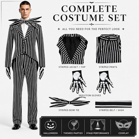 Jack Skeleton Costume for Adult Men Striped Jack Skeleton Suit with Skull Gloves Halloween Christmas Cosplay Outfits in Kuwait