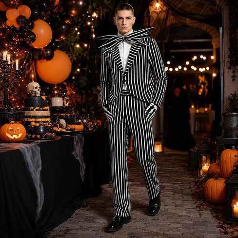 Jack Skeleton Costume for Adult Men Striped Jack Skeleton Suit with Skull Gloves Halloween Christmas Cosplay Outfits in Kuwait