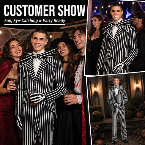 Jack Skeleton Costume for Adult Men Striped Jack Skeleton Suit with Skull Gloves Halloween Christmas Cosplay Outfits in Kuwait