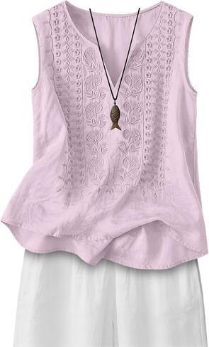 Embroidered Tops for Women Cotton Linen V Neck Sleeveless Gauze Shirts Casual Summer Loose Boho Vacation Tank Top in Saudi Arabia