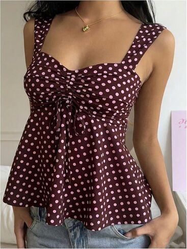 SOLY HUX Women's Cute Babydoll Tops Polka Dots Sleeveless Ruched Peplum Top Summer Crop Tank Shirts in Saudi Arabia