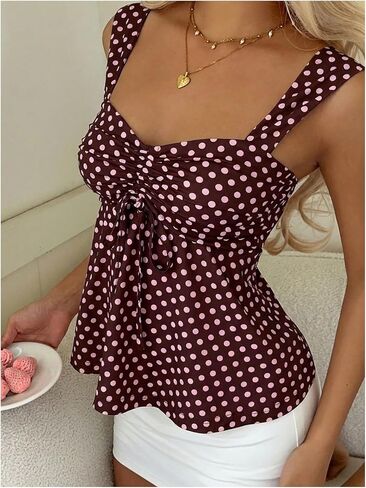 SOLY HUX Women's Cute Babydoll Tops Polka Dots Sleeveless Ruched Peplum Top Summer Crop Tank Shirts in Saudi Arabia