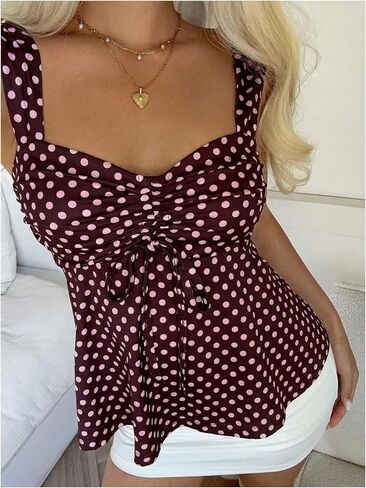 SOLY HUX Women's Cute Babydoll Tops Polka Dots Sleeveless Ruched Peplum Top Summer Crop Tank Shirts in Saudi Arabia