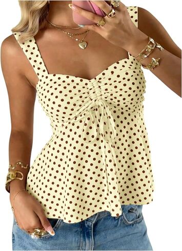 SOLY HUX Women's Cute Babydoll Tops Polka Dots Sleeveless Ruched Peplum Top Summer Crop Tank Shirts in Saudi Arabia