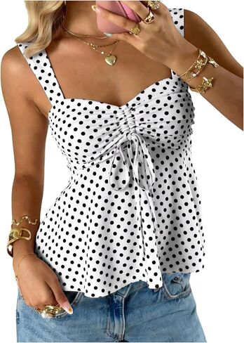 SOLY HUX Women's Cute Babydoll Tops Polka Dots Sleeveless Ruched Peplum Top Summer Crop Tank Shirts in Saudi Arabia