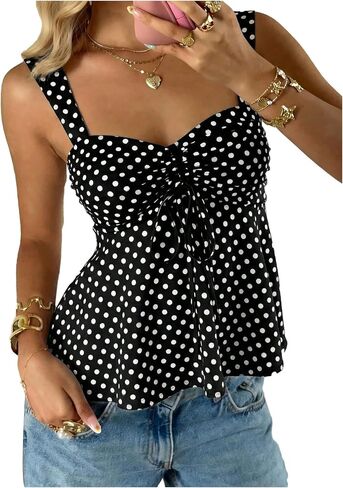 SOLY HUX Women's Cute Babydoll Tops Polka Dots Sleeveless Ruched Peplum Top Summer Crop Tank Shirts in Saudi Arabia
