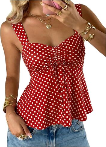 SOLY HUX Women's Cute Babydoll Tops Polka Dots Sleeveless Ruched Peplum Top Summer Crop Tank Shirts in Saudi Arabia