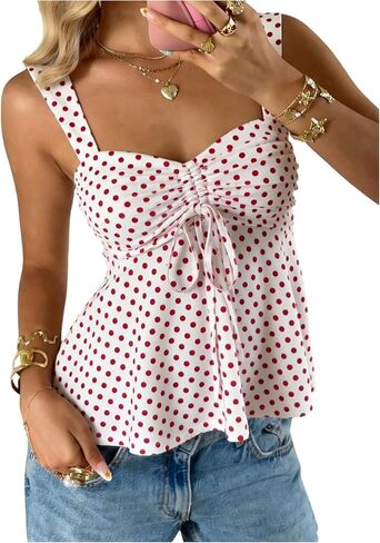 SOLY HUX Women's Cute Babydoll Tops Polka Dots Sleeveless Ruched Peplum Top Summer Crop Tank Shirts in Saudi Arabia