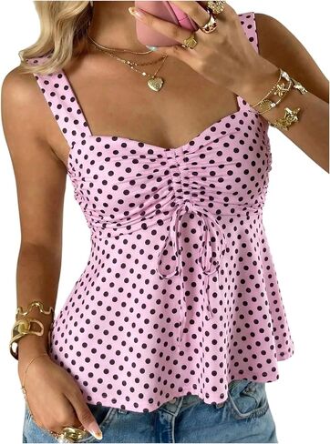 SOLY HUX Women's Cute Babydoll Tops Polka Dots Sleeveless Ruched Peplum Top Summer Crop Tank Shirts in Saudi Arabia
