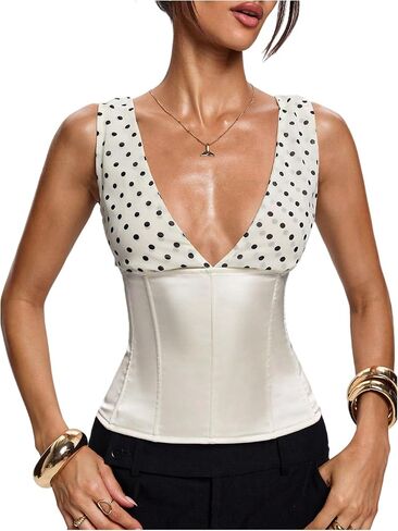 MakeMeChic Women's Polka Dots Tank Top Deep V Neck Y2K Lace Up Backless Corset Tops in Kuwait