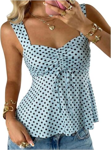 SOLY HUX Women's Cute Babydoll Tops Polka Dots Sleeveless Ruched Peplum Top Summer Crop Tank Shirts in Saudi Arabia
